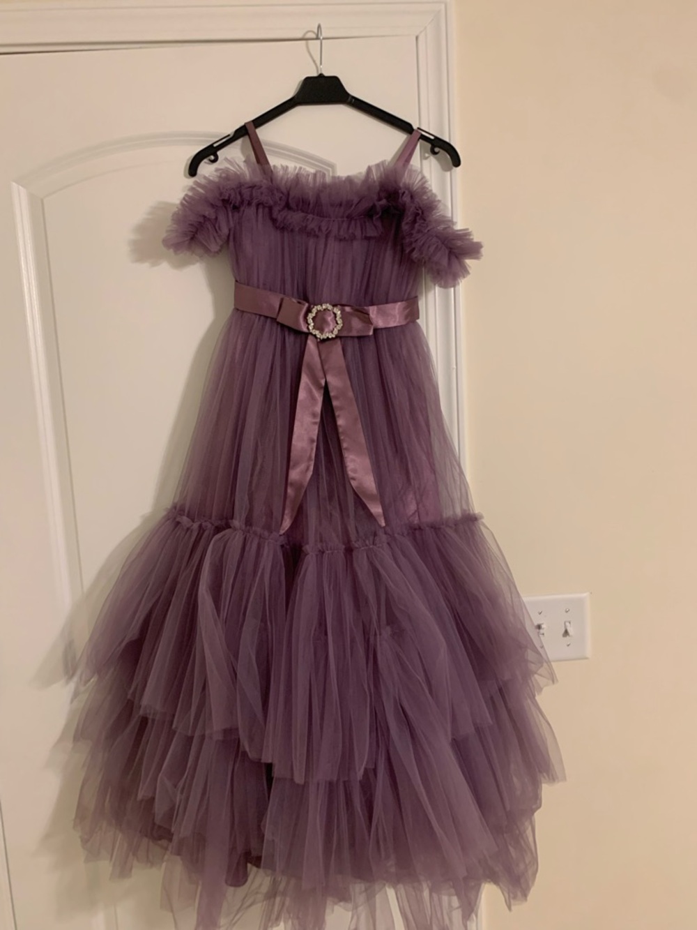 Lavender Tulle Ruffle Maxi Dress with Satin Belt. Flower girl dress. 10-11 yrs
